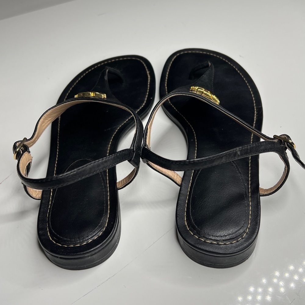 Lauren Ralph Lauren Sz 7 Ellington Black Leather Flat T Strap Sandals - Picture 3 of 8